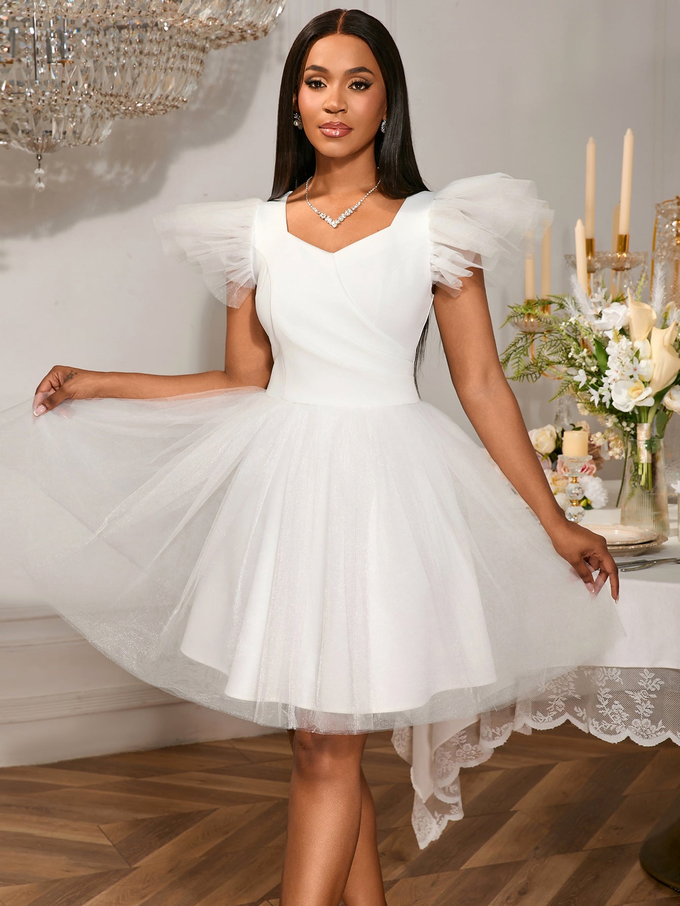 Wedding V-Neck Flying Sleeve Elegant Puffy Mesh Evening Bridesmaid Dress