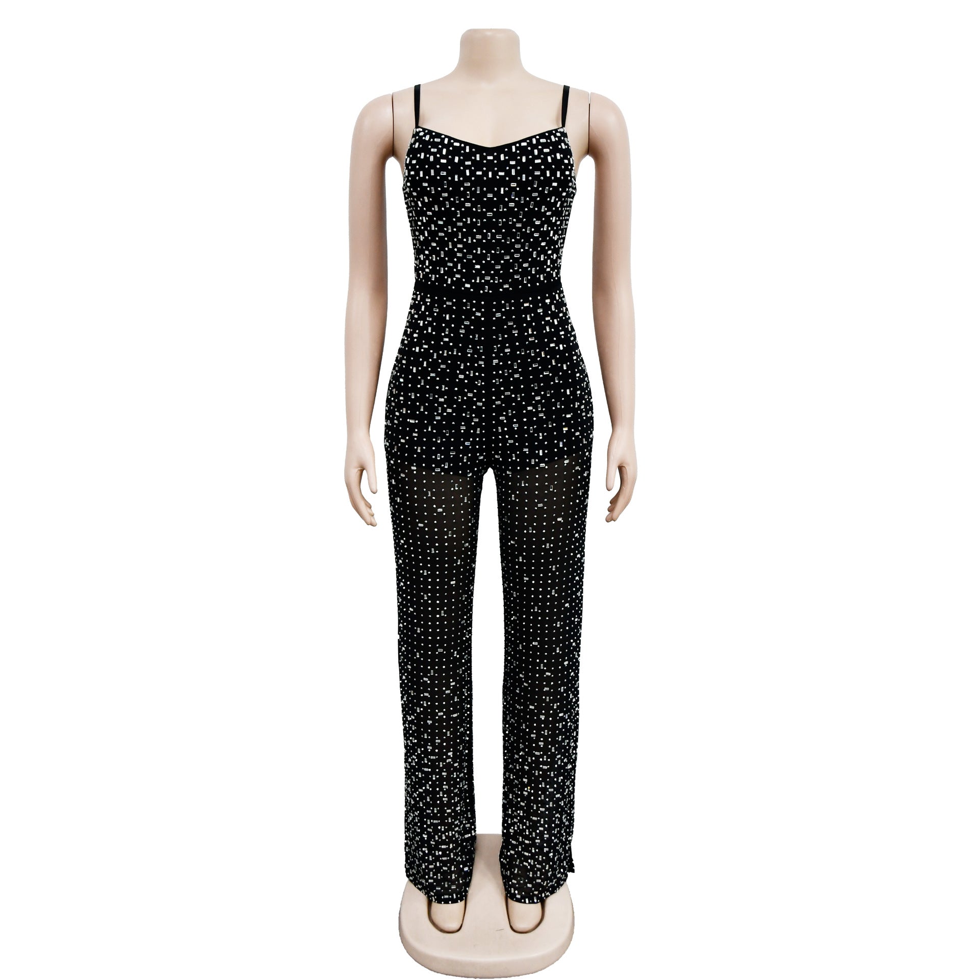 Ladies' Fashion Beaded Mesh Sleeveless Jumpsuit 12