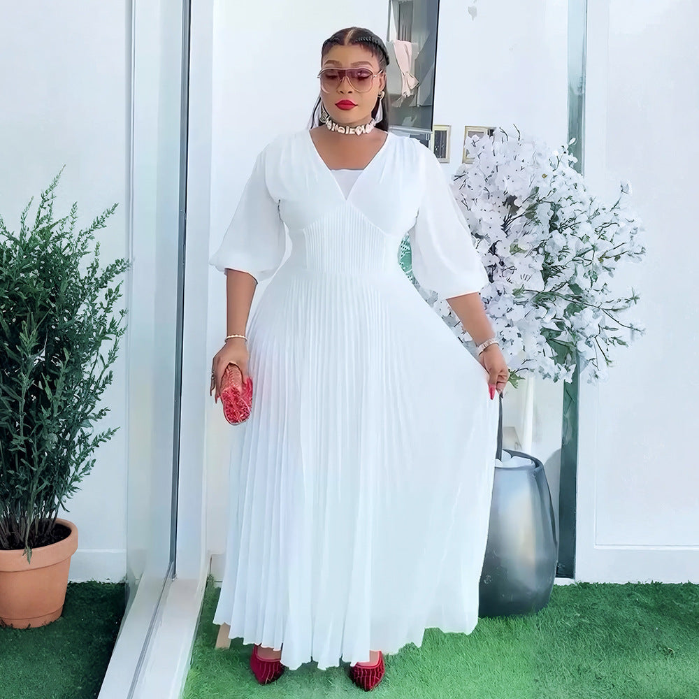 Plus Size African Women elegant v-neck pleated dress 4