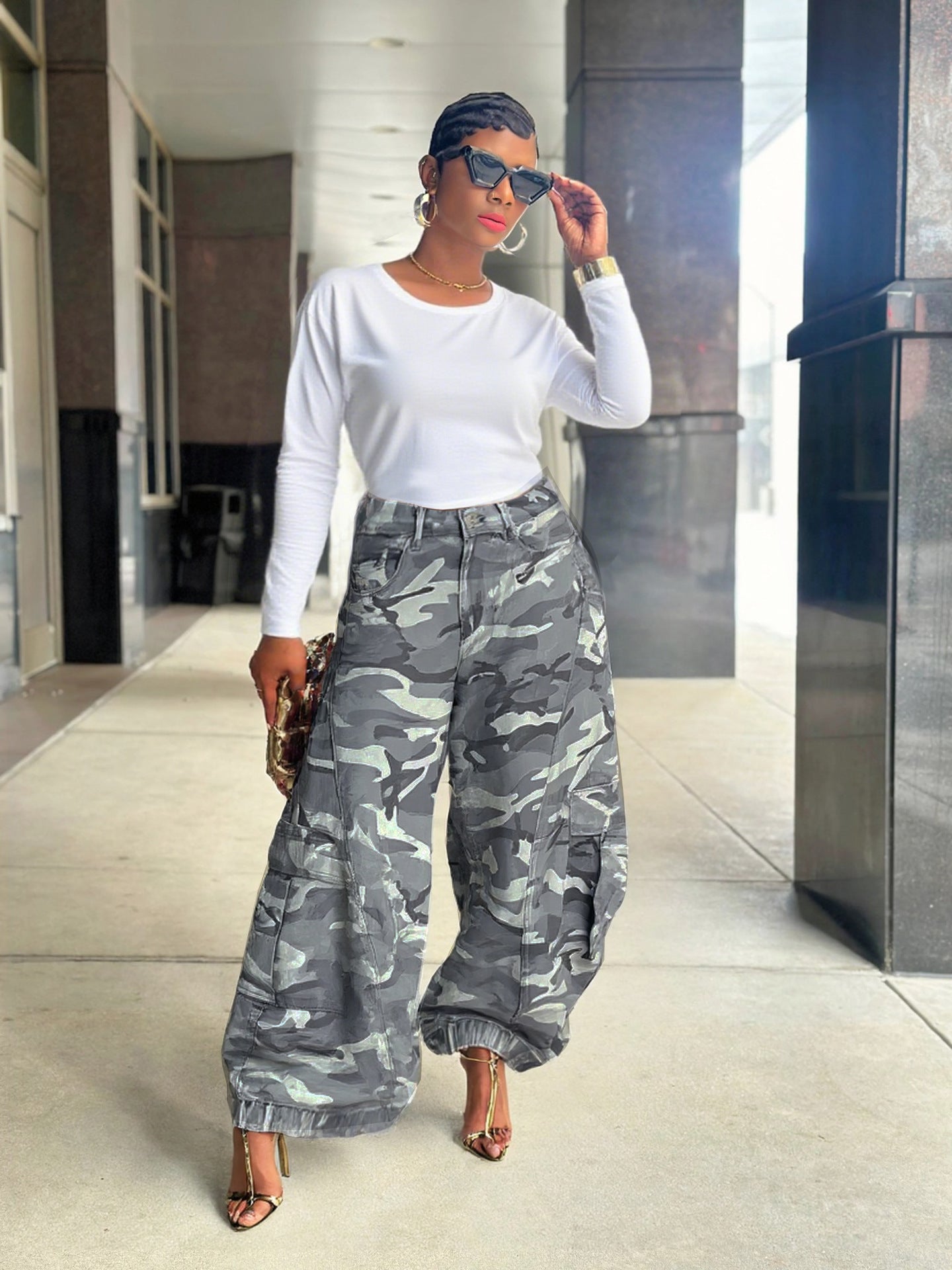 Women Camouflage Casual Cargo Denim Wide-Leg Pants 3
