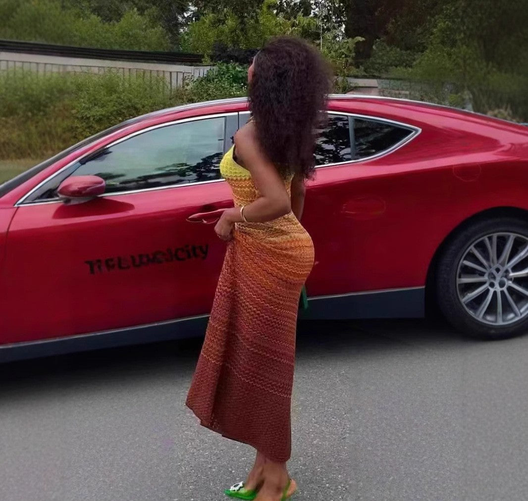 Gradient Striped Knit Sleeveless Strappy Slim Waist Slim Fit Dress 6