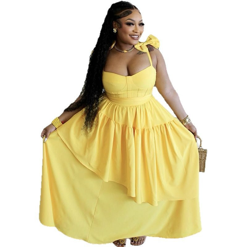 Women spring bow suspender v-neck ruffle dress