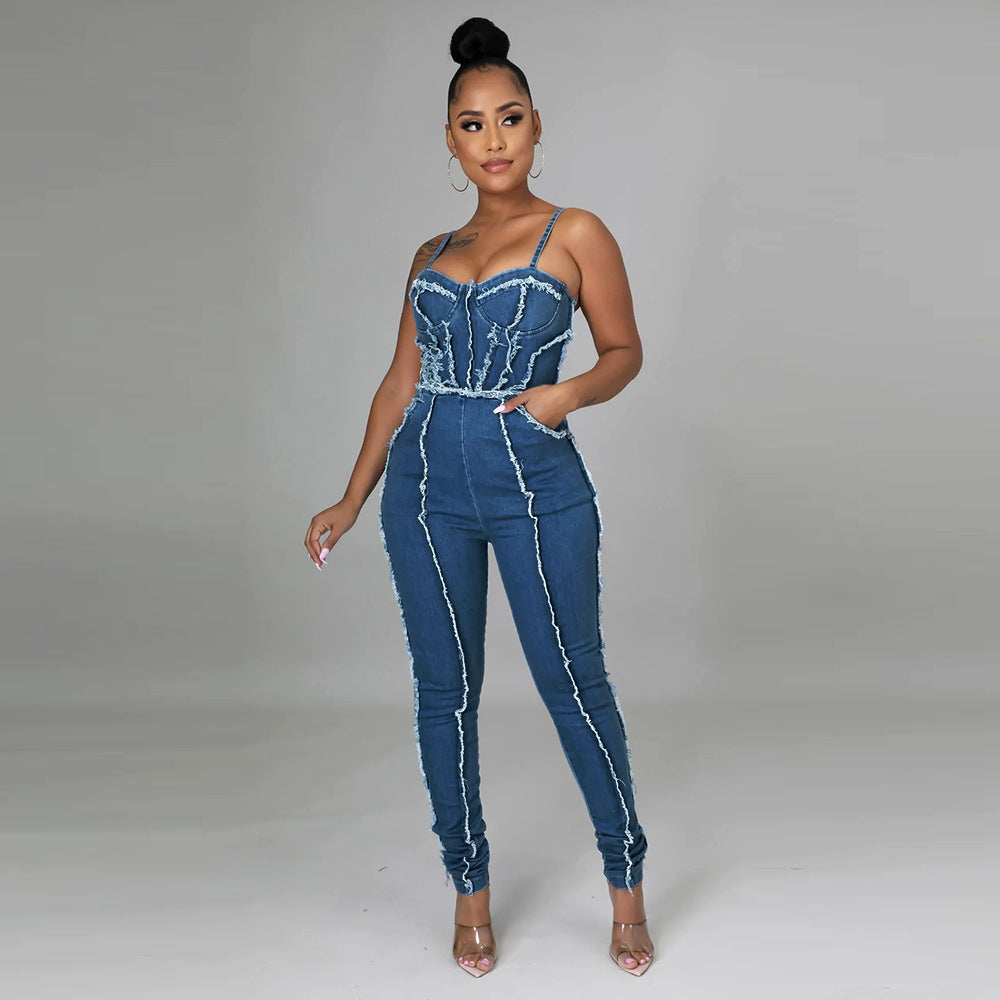 Women Sexy Cutout Tassel Zipper Suspenders Denim Jumpsuit 3