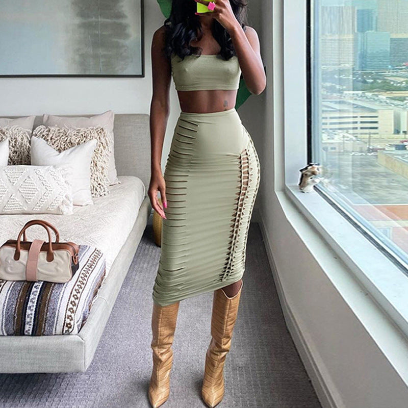 Hollow Crop Short Vest Bodycon Half-Length Skirt Suit Holidays Style Hand-Knitted Women's Tight Fitting Solid Color Two-Piece Set