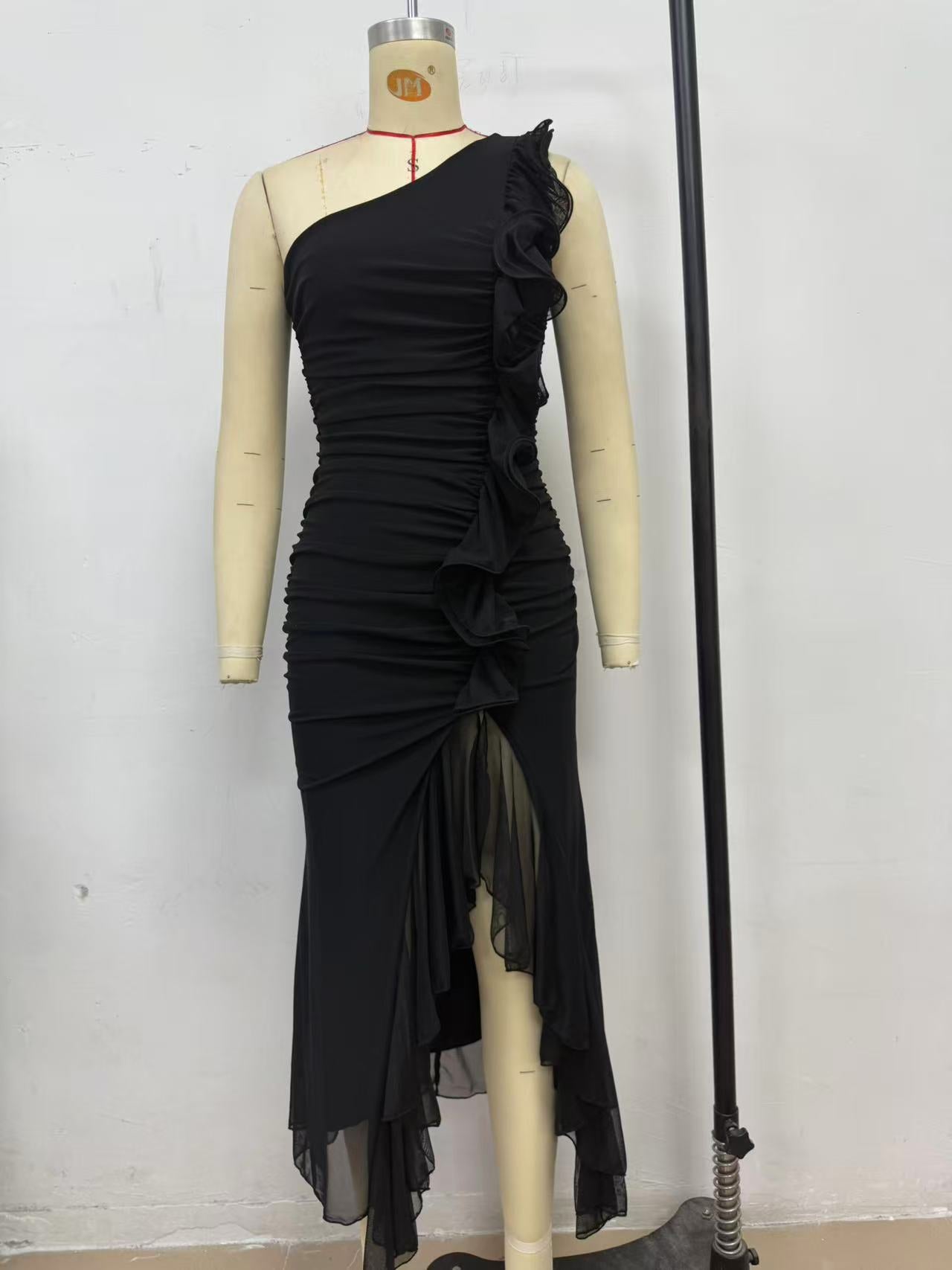 Summer Slash Shoulder Fashion Sexy Shirred High Slit Slim Dress 7