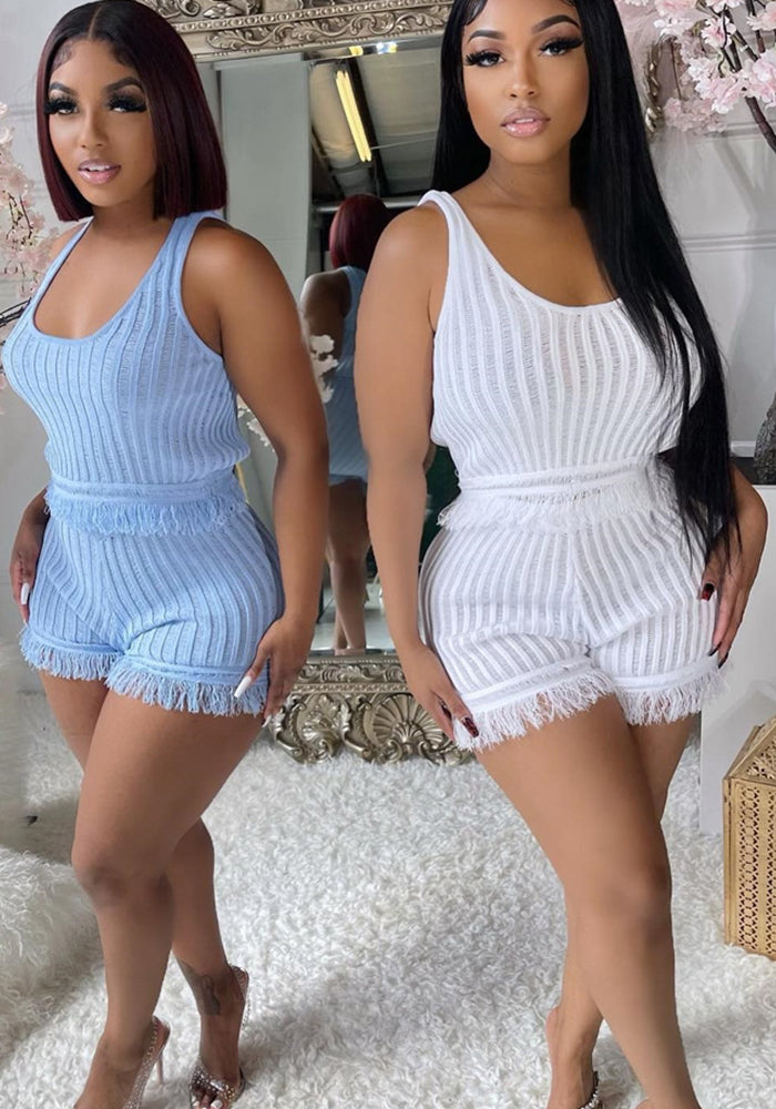 Women'S Sweet Solid Color Tassel Two-Piece Shorts Set