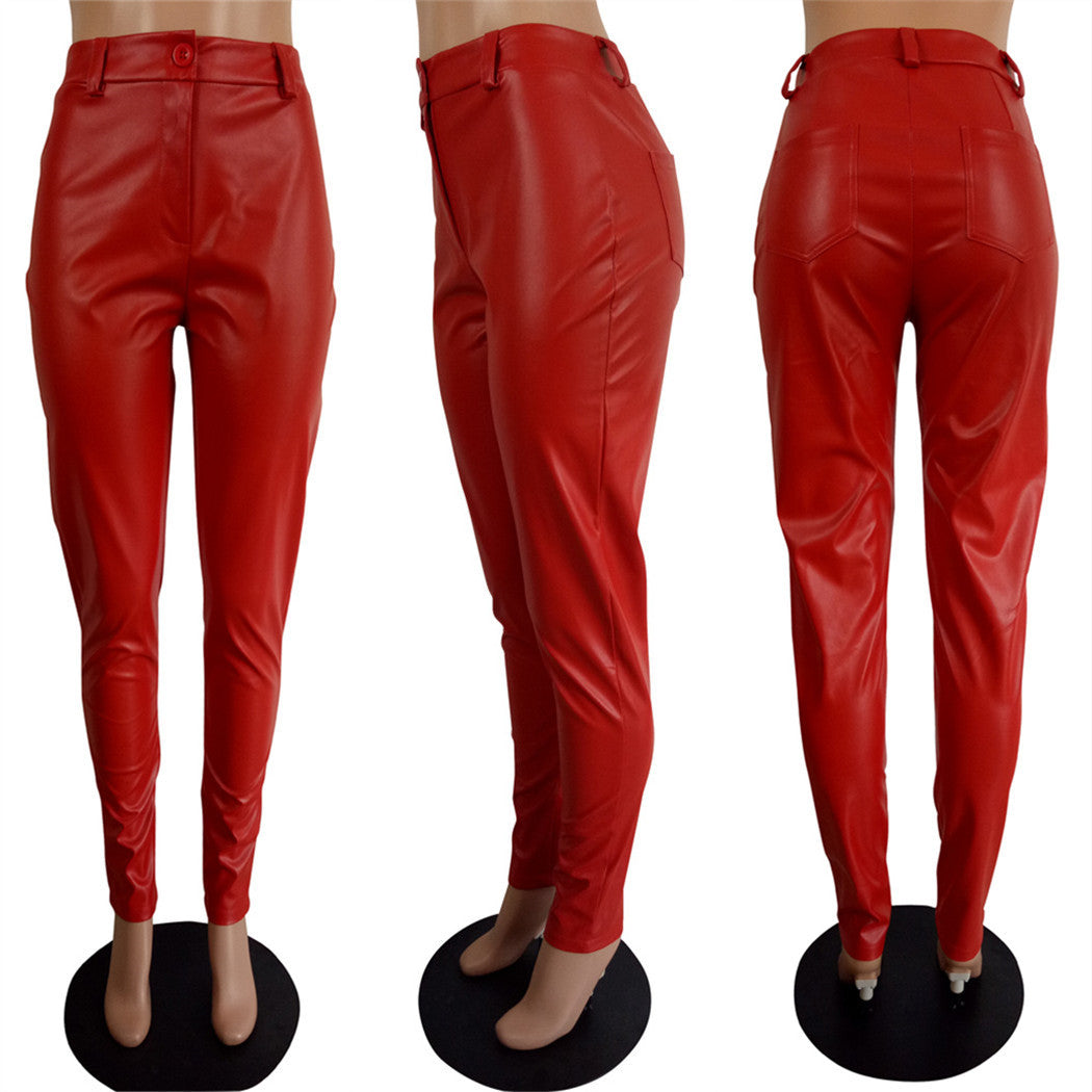 Women Chic Style Pu-Leather Trousers 14