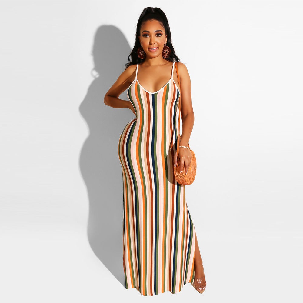 Women sexy striped Backless suspender slit dress
