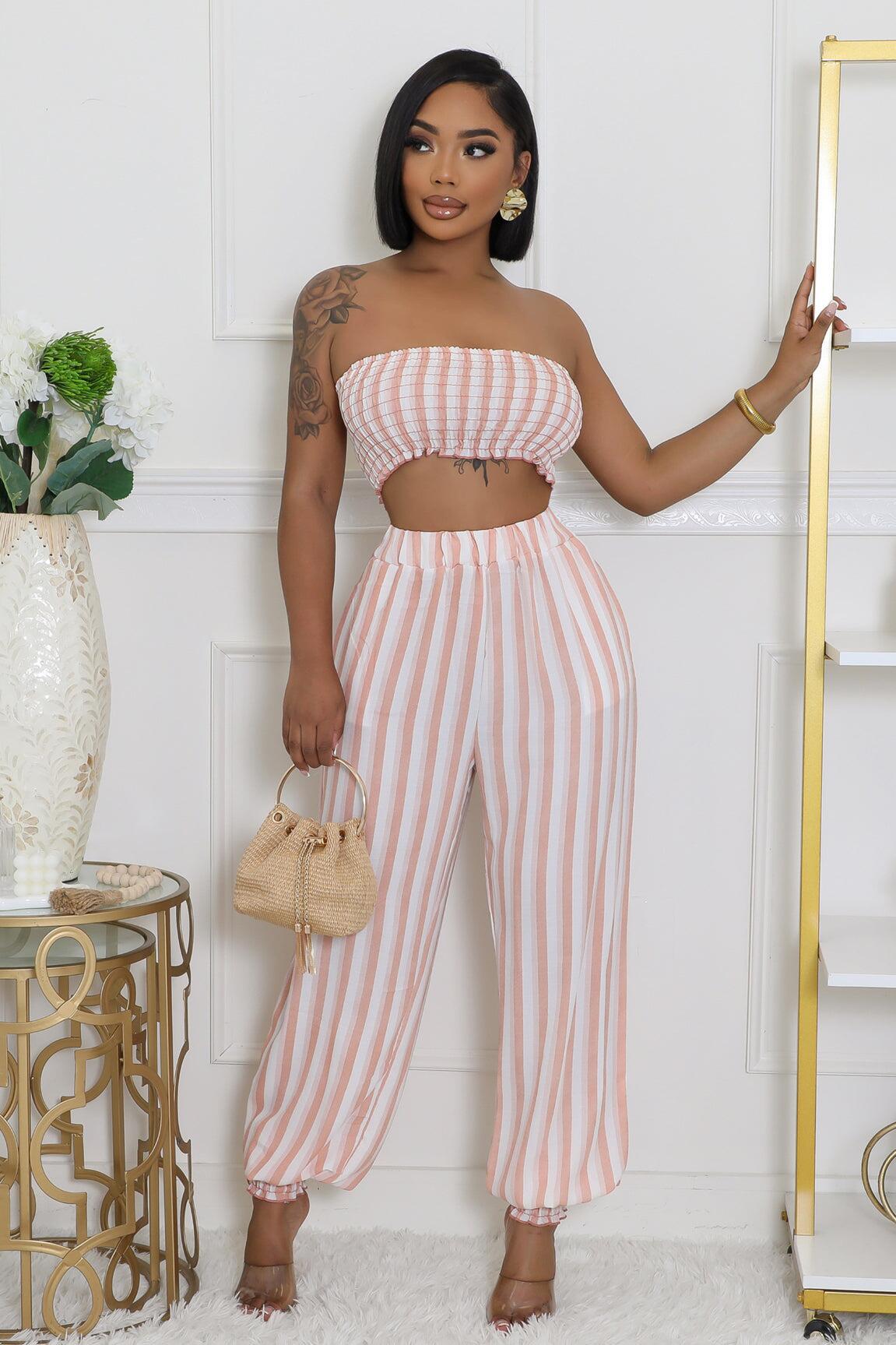 Women's Striped Print Sexy Fashionable Strapless Two-Piece Pants Set 3