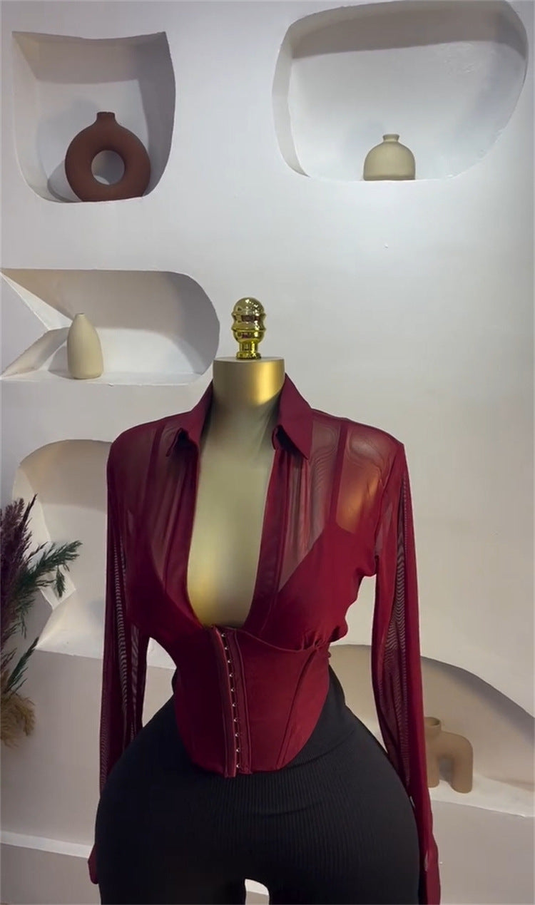 Summer Chic Turn-Down Collar Slim Waist Mesh Patchwork Long-Sleeve Shirt