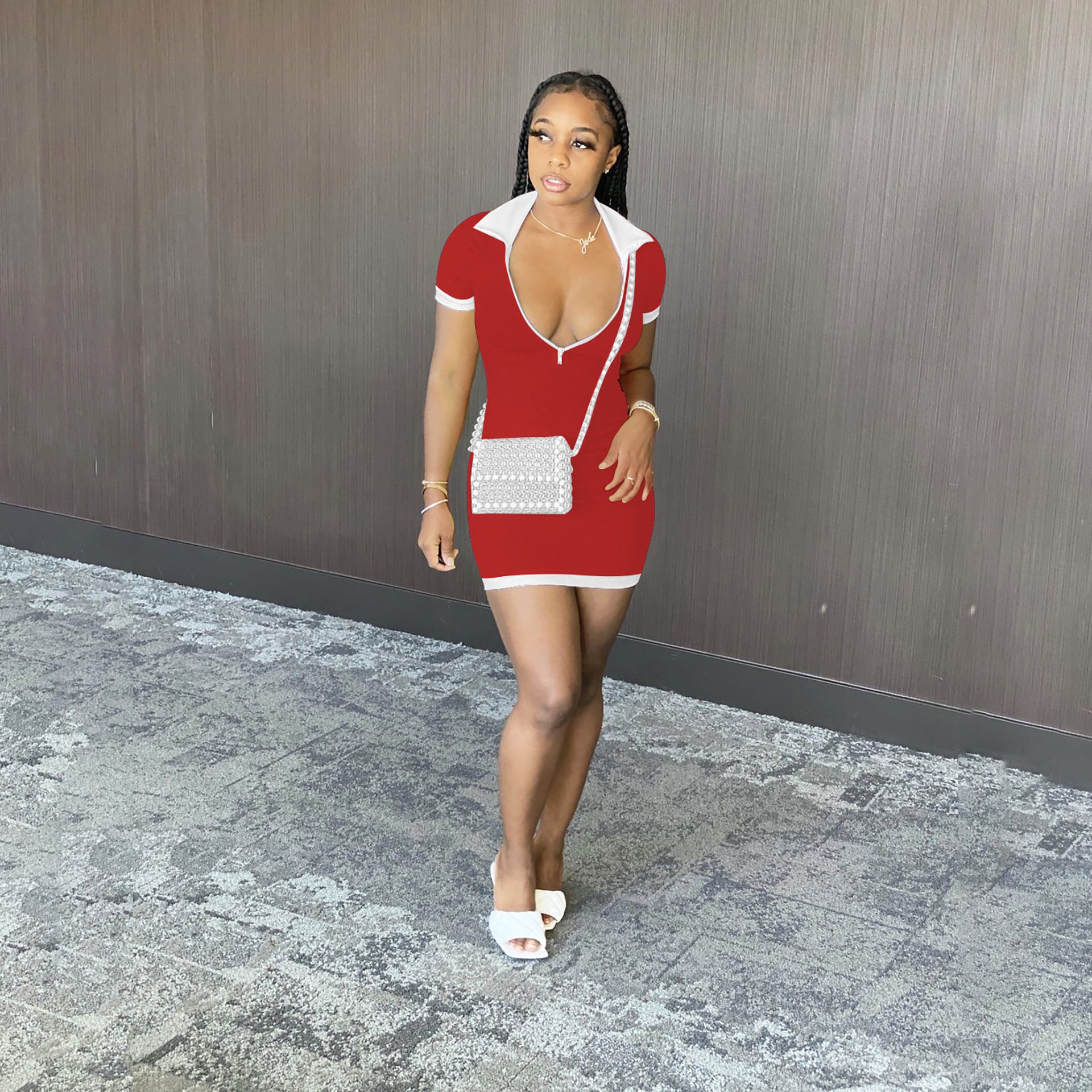 Women Zipper Turndown Collar Ribbed Short Sleeve Dress