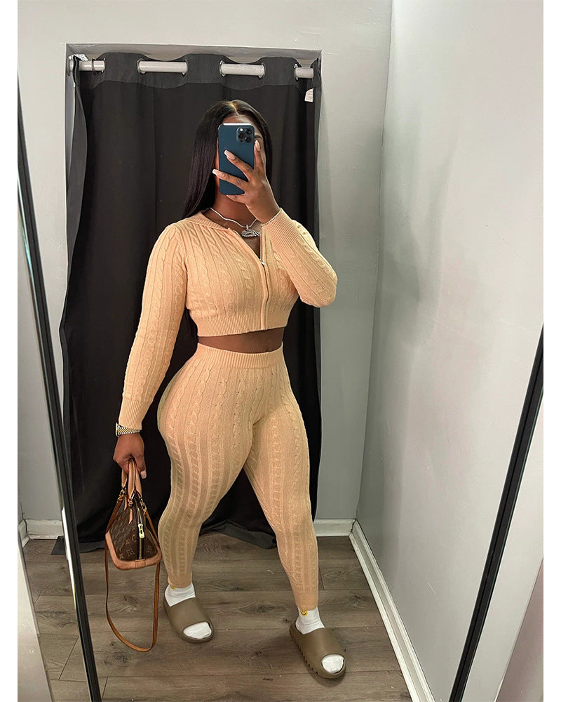 Women Solid knitting sweater and trousers two-piece set 3