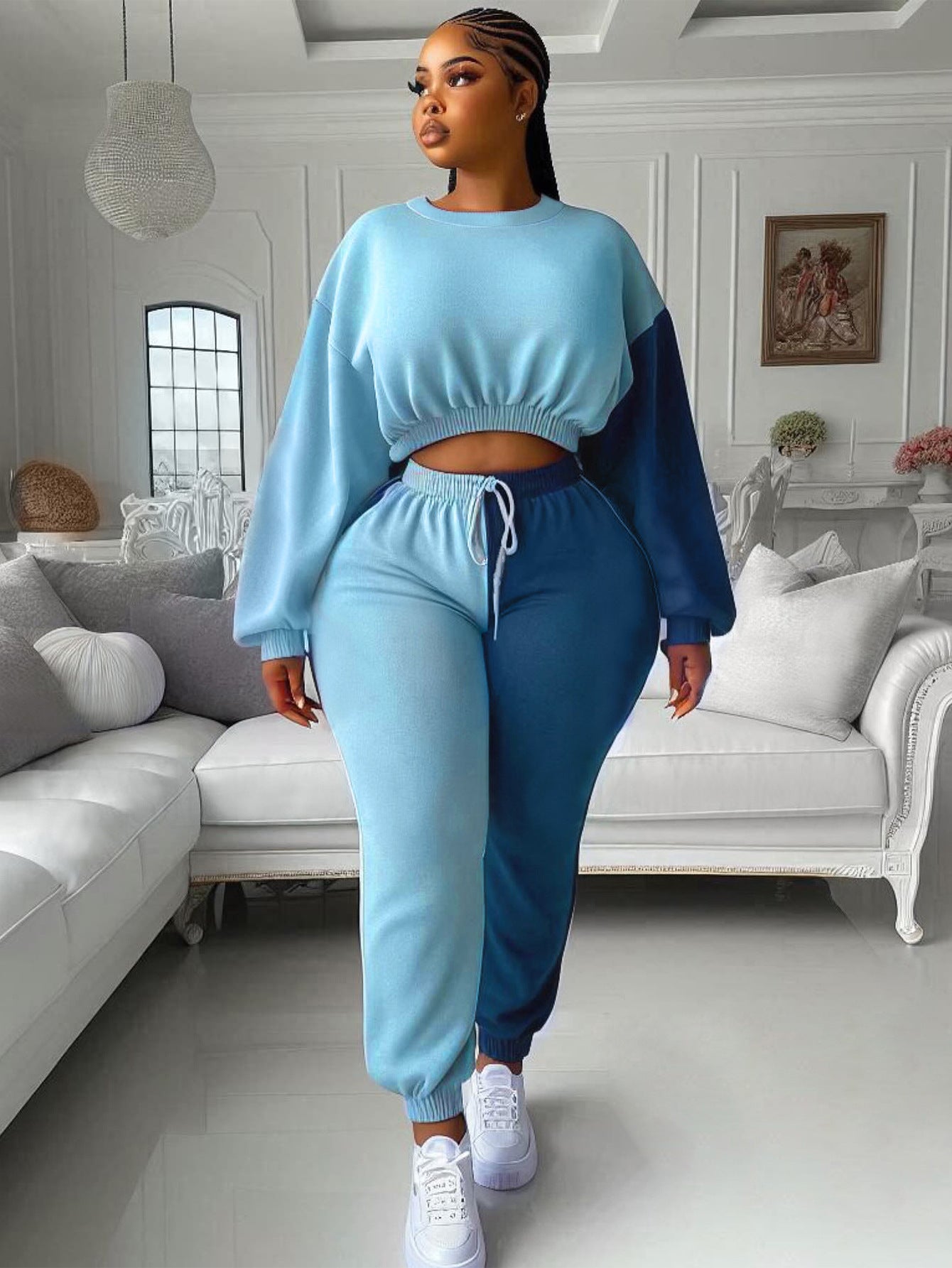 Women's Autumn Winter Casual Round Neck Long Sleeve Top Elastic Waist Drawstring Pants Contrast Color Sports Two Piece Tracksuit 3