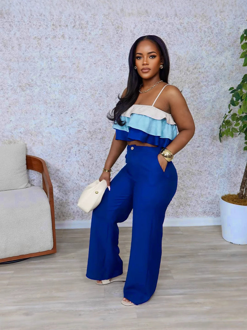 Women's Spring Summer Camisole Ruffle Top High Waist Pants Set 3