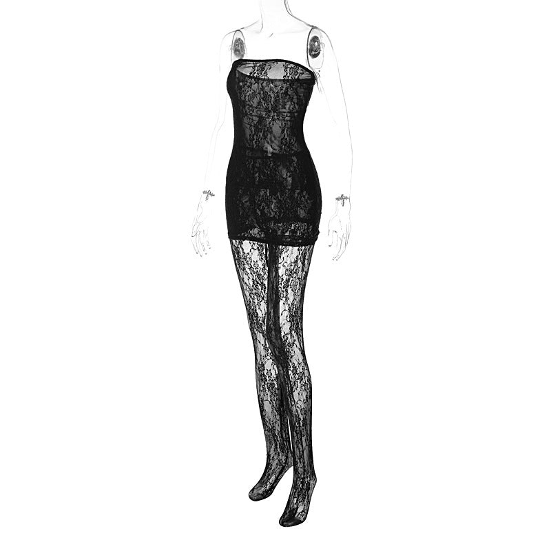 Women's summer lace sexy See-Through wrap bust dress trousers two-piece set 13