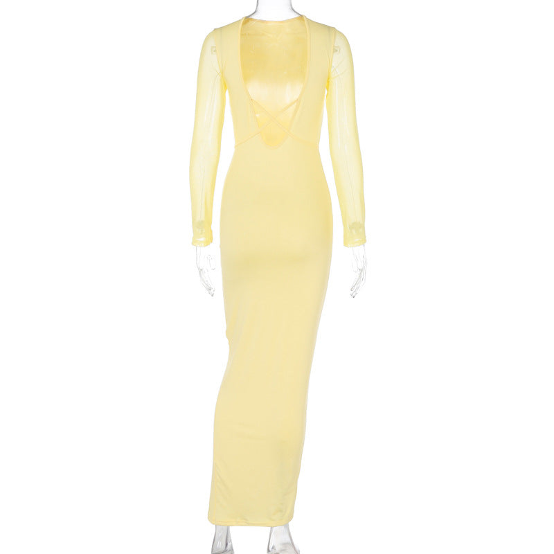 Women autumn and winter hollow mesh long-sleeved v-neck strappy dress 21