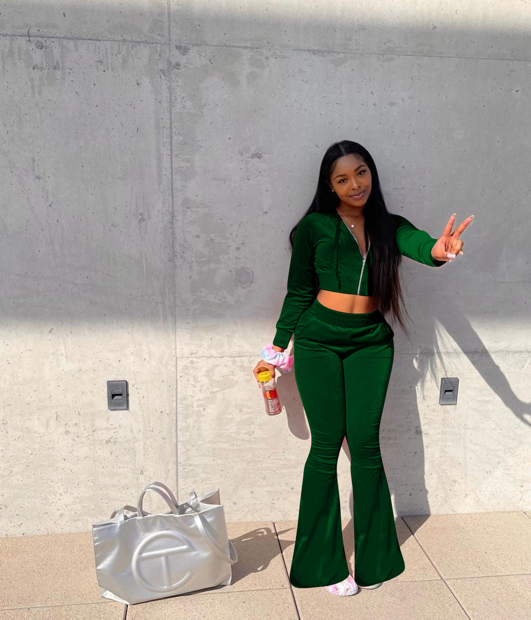 Women's Velvet Hooded Top Wide-Leg Pants Sports Casual Two Piece Set 3