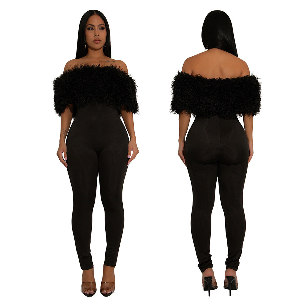 Off Shoulder Furry Patchwork Slim-Fit Jumpsuit