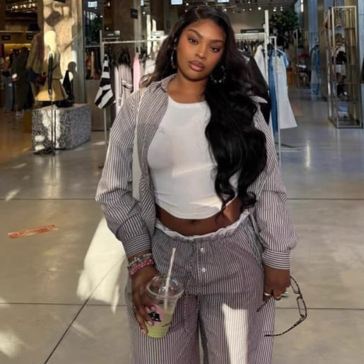 African Women long-sleeved striped shirt and contrasting wide-leg pants casual two-piece set 3