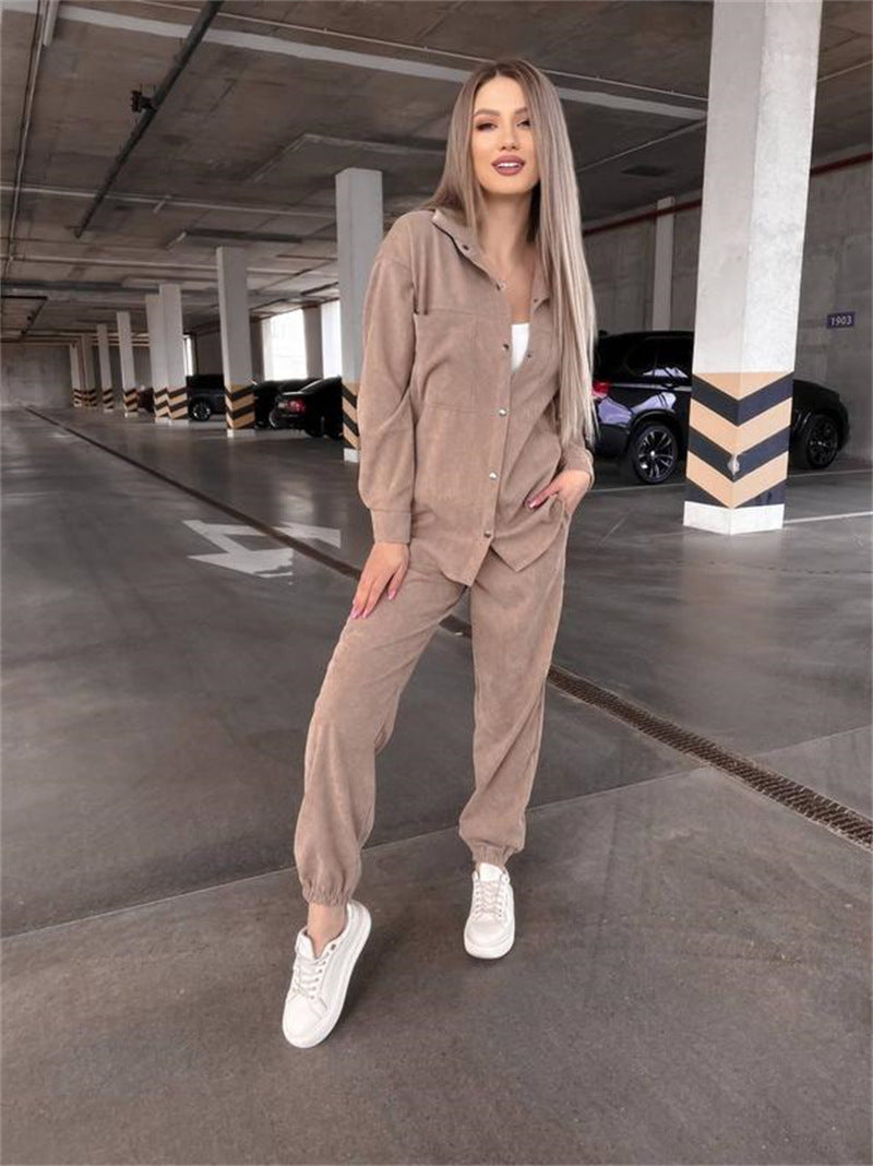 Women Fall Button Long Sleeve Shirt and Pant Two-piece Set 5