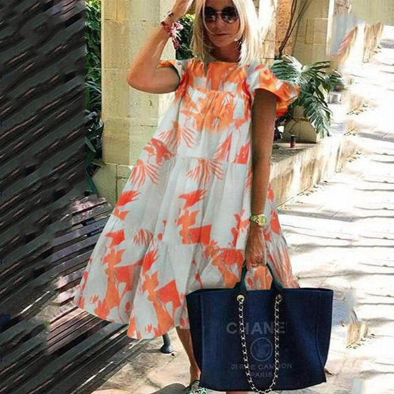 Women's Summer Plus Size Round Neck Print Casual Swing Dress 24