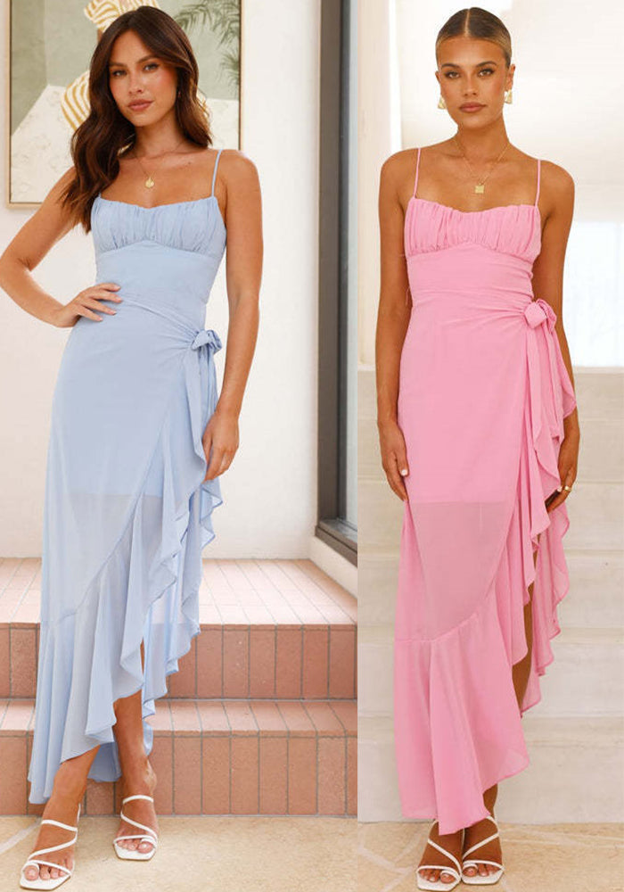 Women summer sexy suspenders Backless ruffle irregular dress