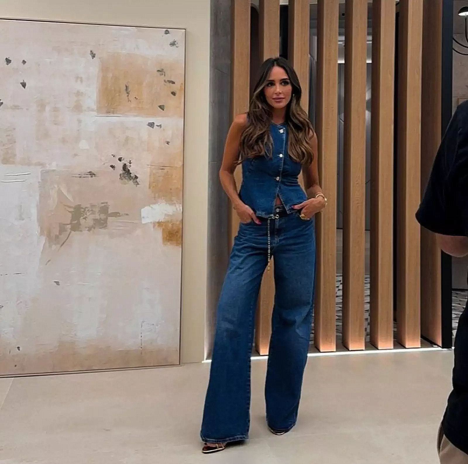 Women Spring Summer Sleeveless Vest Wide Leg Denim two-piece set 4