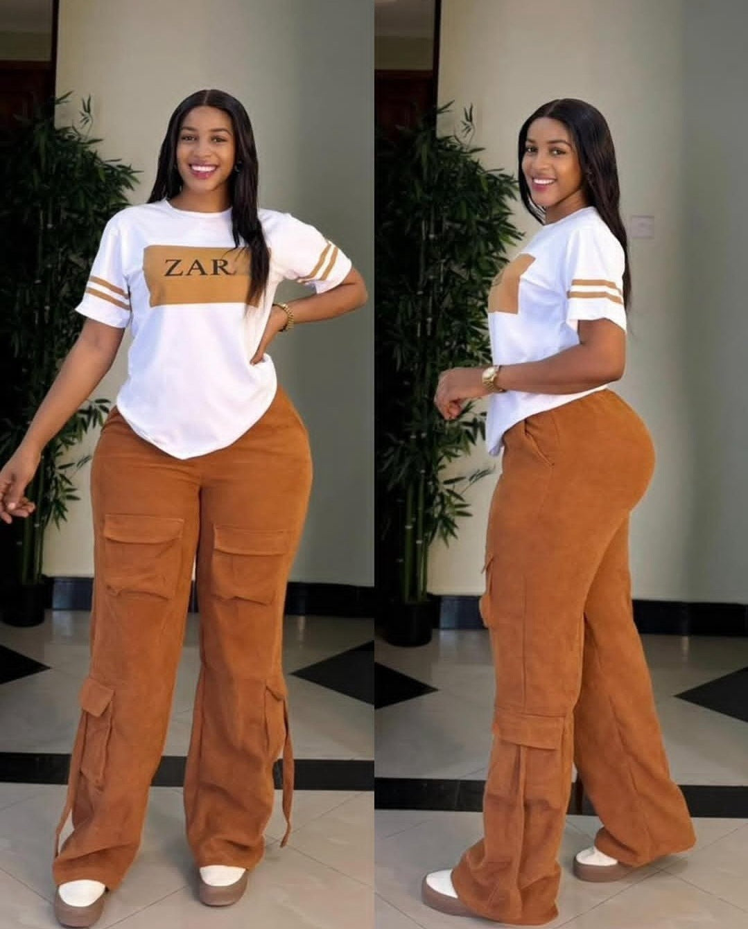 Women Casual Printed Short-sleeved Top and Cargo Pants Two-piece Set 3