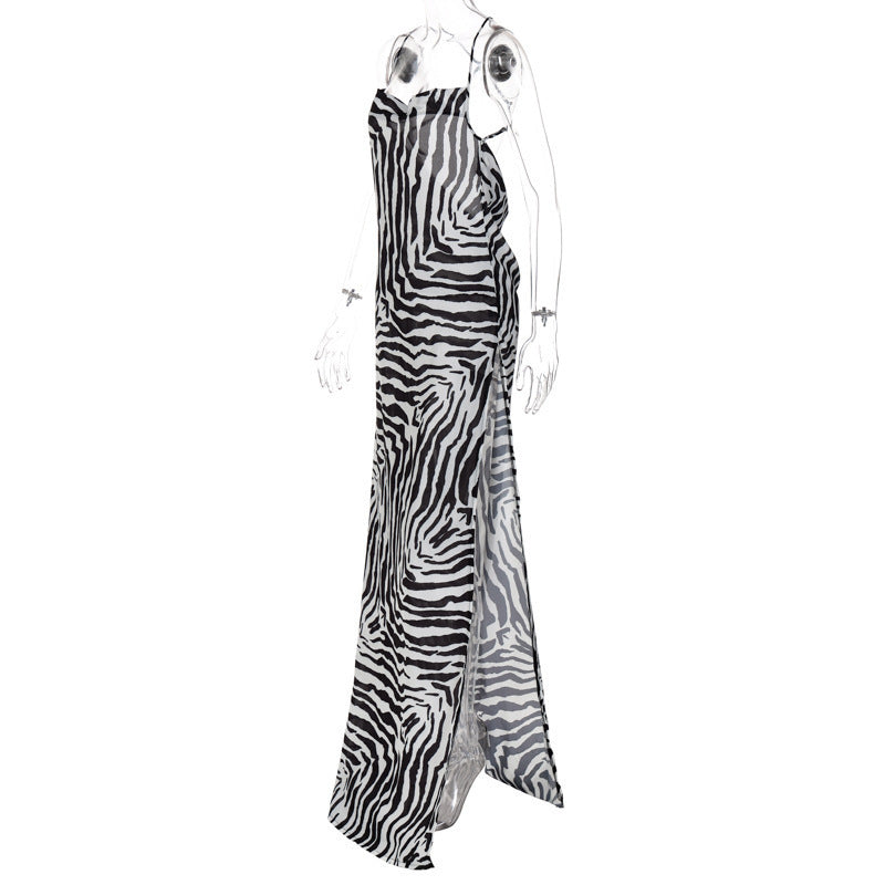 Women's Summer Holidays Zebra Print Sexy Halter-Neck Low-Back Dress 8