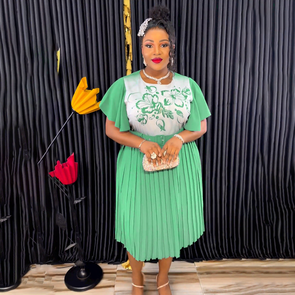 African Women's Printed Mother Of The Bride Dress Plus Size Pleated Dress With Belt 3