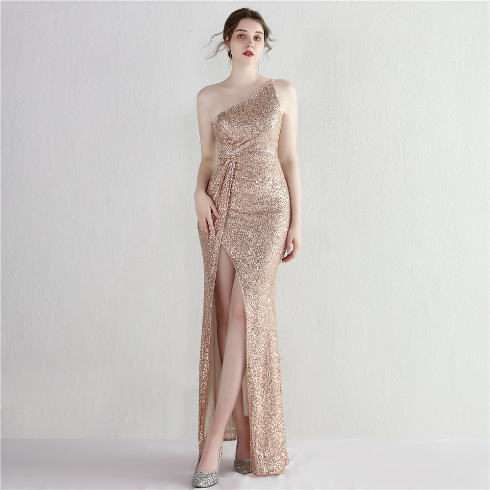 Sequined One-Shoulder Formal Party Split Long Sequined Evening Dress 3