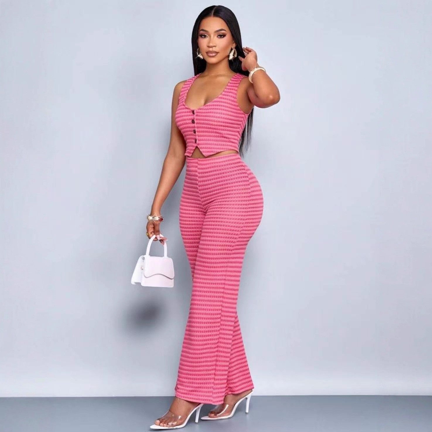 Women knitting casual summer striped top and long pants two-piece set 4