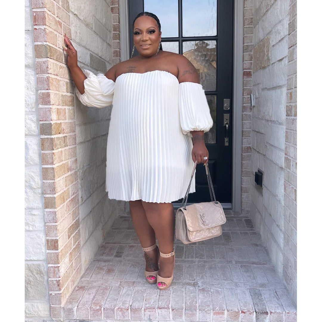 Fashion Plus Size Women's Chiffon Pufff Sleeve Drape Pleated off shoulder loose Dress
