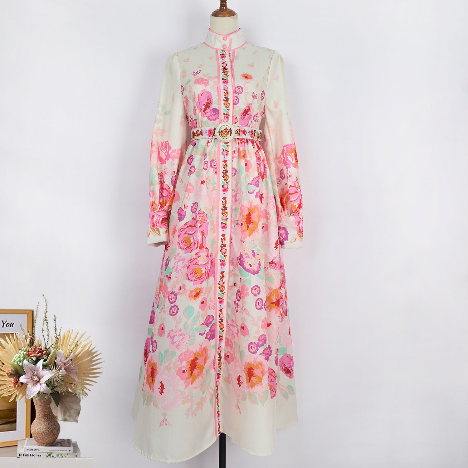 Fashion Chic Women's Spring & Autumn Long Sleeve Print Single-Breasted Slim Waist Long Dress With Belt 4