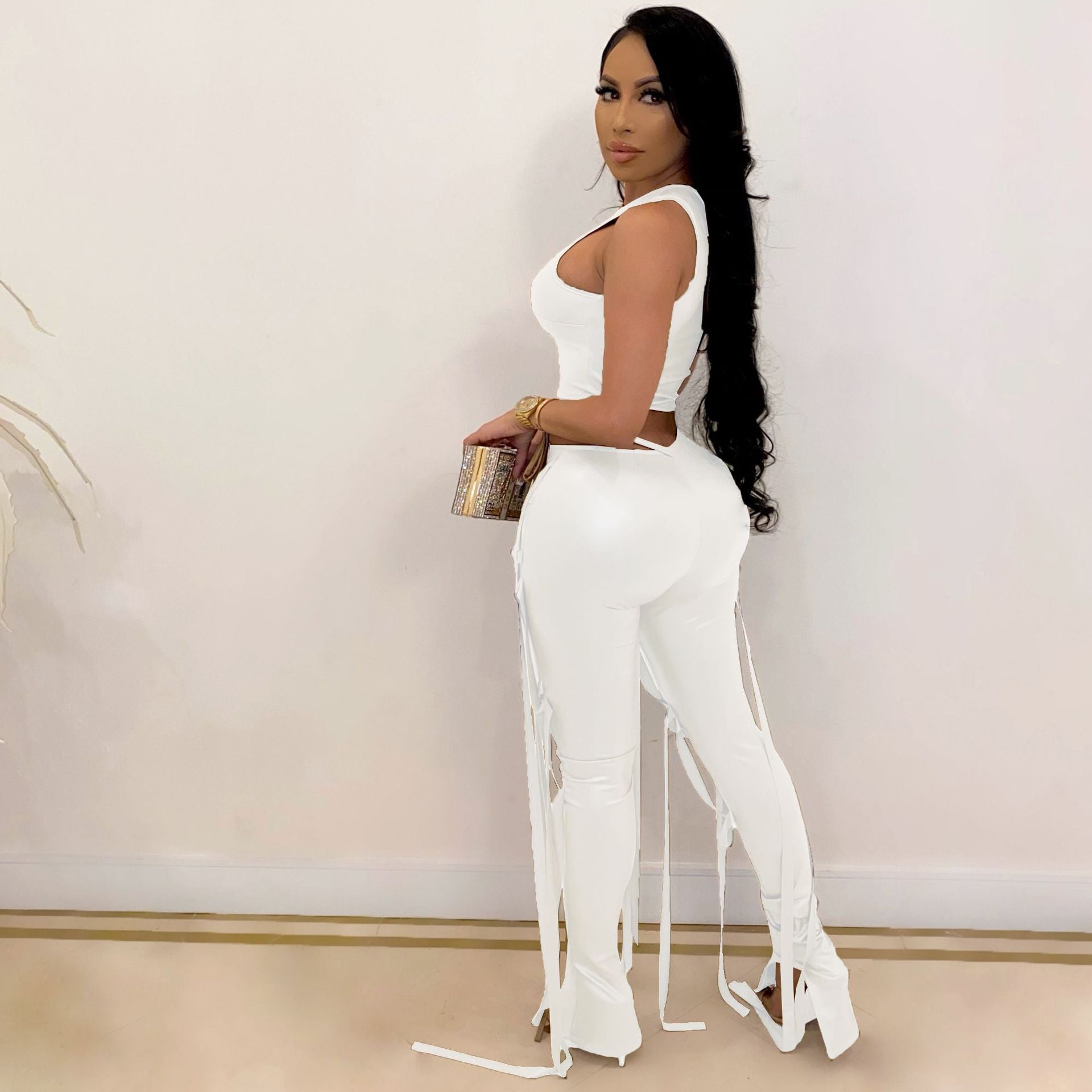 Women's Sexy Faux Leather Tank Top Lace-Up Pants Two Piece Nightclub Set 20