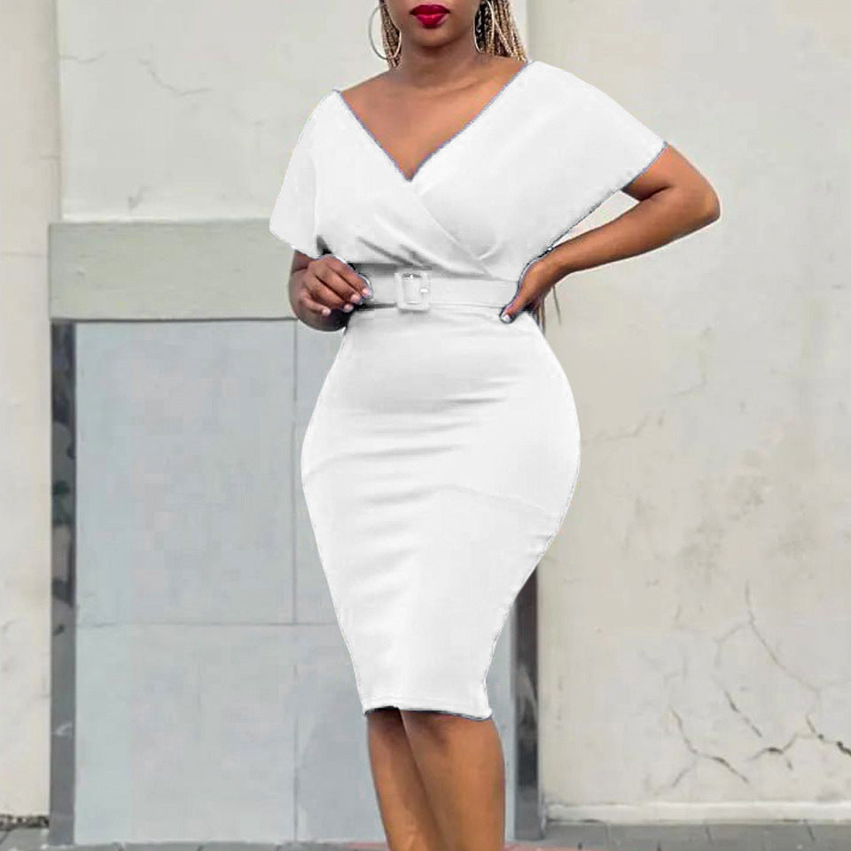 Plus Size Women V Neck Bodycon Stretch Africa Dress with Belt 6