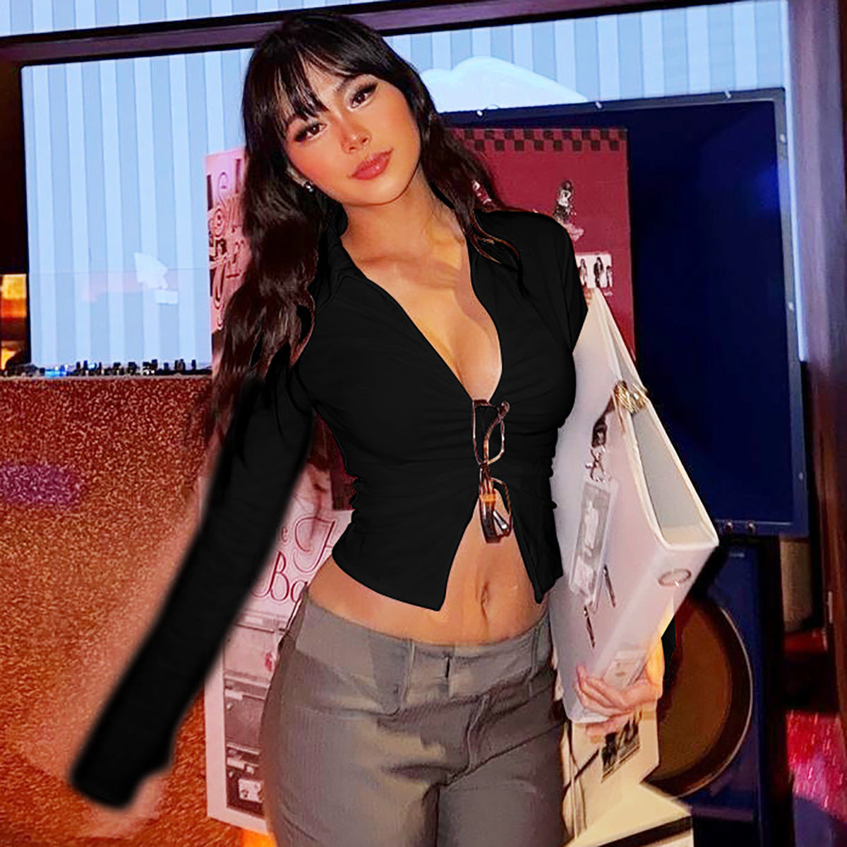 Women Fall Zipper Turndown Collar Long Sleeve Crop T-shirt 7