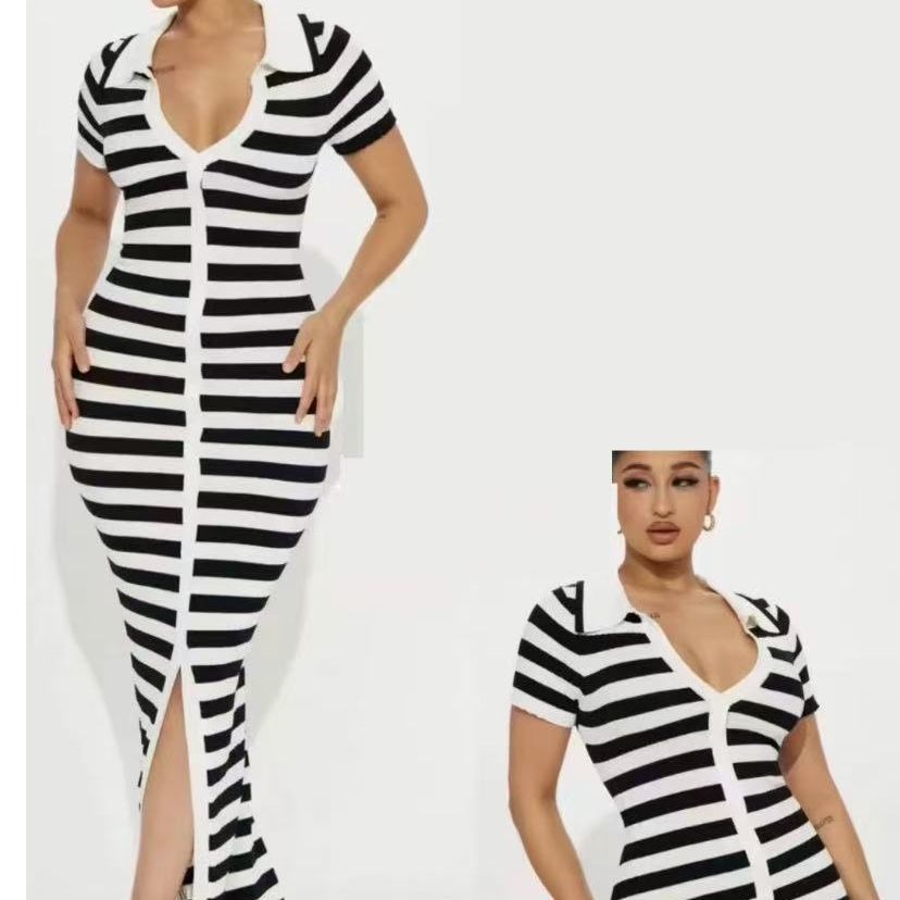 Women Summer Contrast Striped Knitted Slit Bodycon Dress 7
