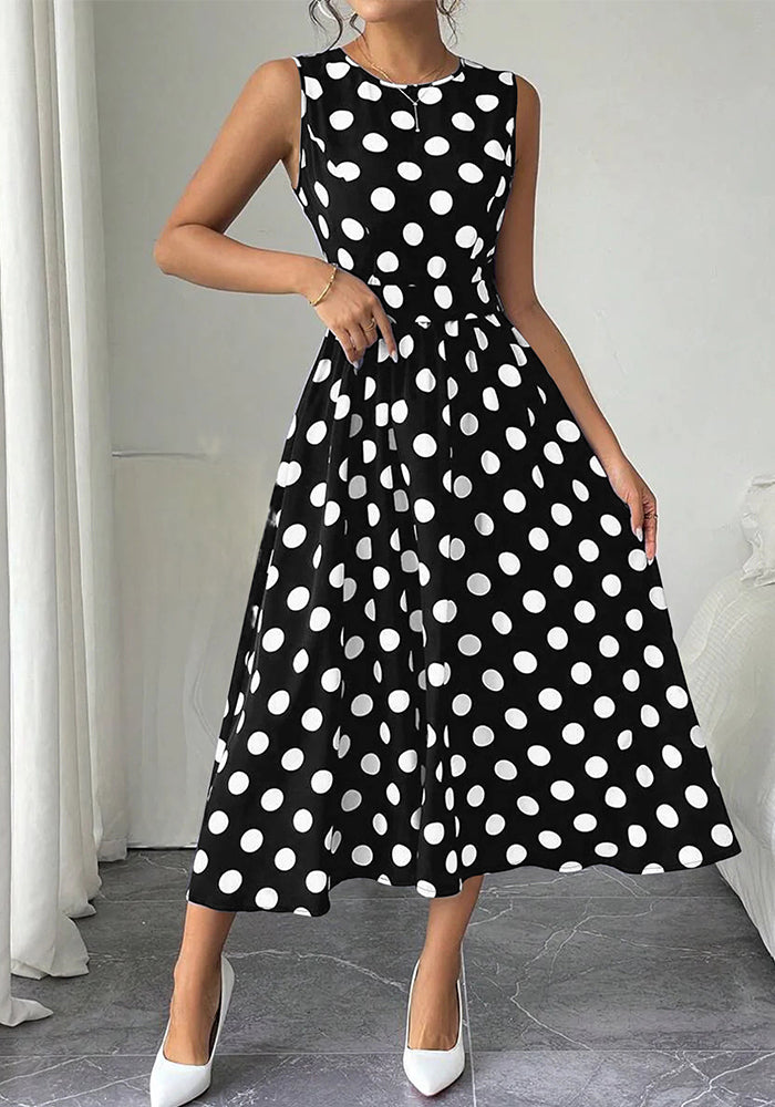 Plus Size Women Elegant Round Neck Sleeveless Polka Dot Print Dress