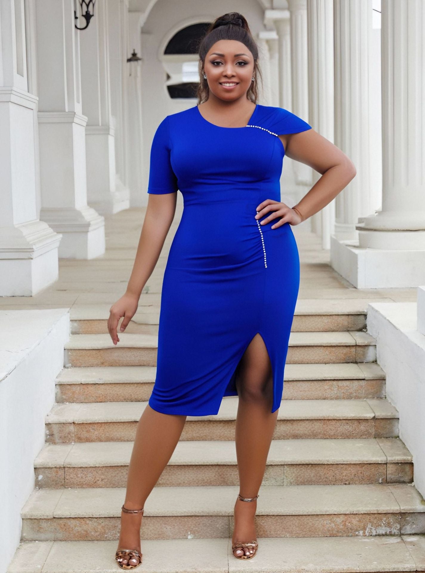 Plus Size Women Bodycon Beaded Bodycon Dress 9