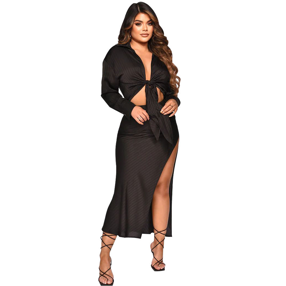 Women's Fall Ribbed Long Sleeve Slit Skirt Set 3