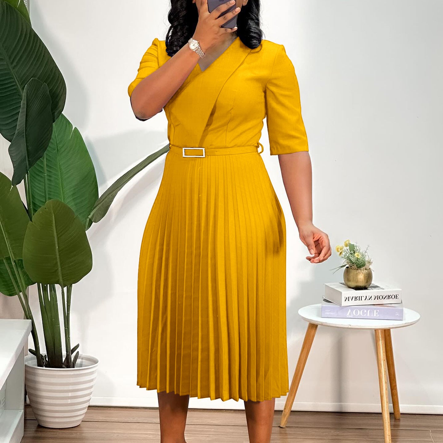 Women's Solid Color V Neck Fashion Chic Pleated African Dress 10