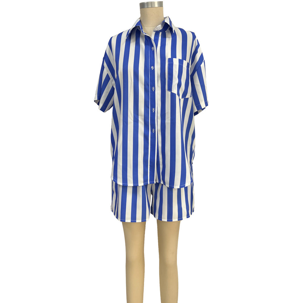 Striped Turndown Collar Long Sleeve Shirt Elastic Waist Shorts Set Two-Piece Set 10