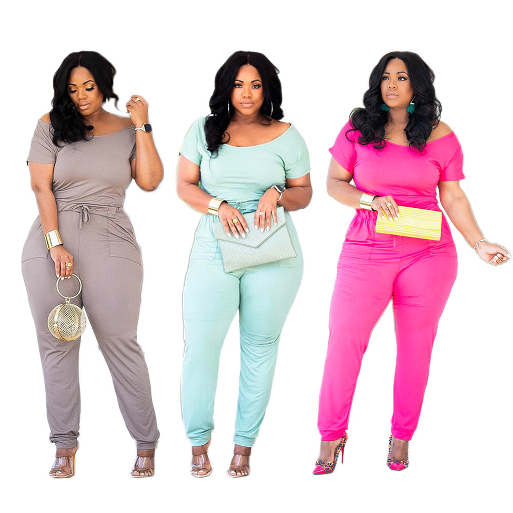 Women Summer Off Shoulder Pocket Short Sleeve Jumpsuit