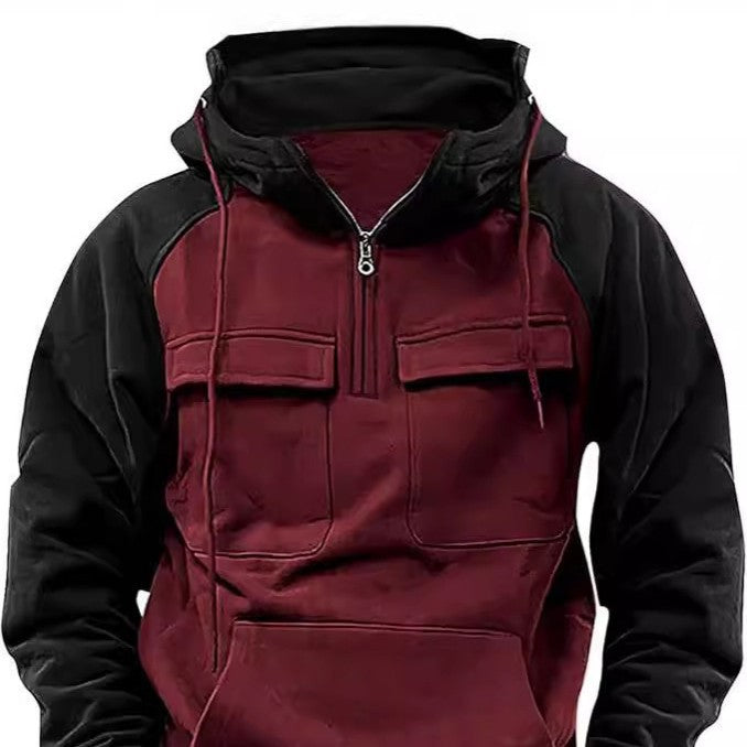 Spring Autumn Men's Raglan Sleeve Half Zip Hoodie Sport Multi-Pocket Hooded Trendy Hoodie 10