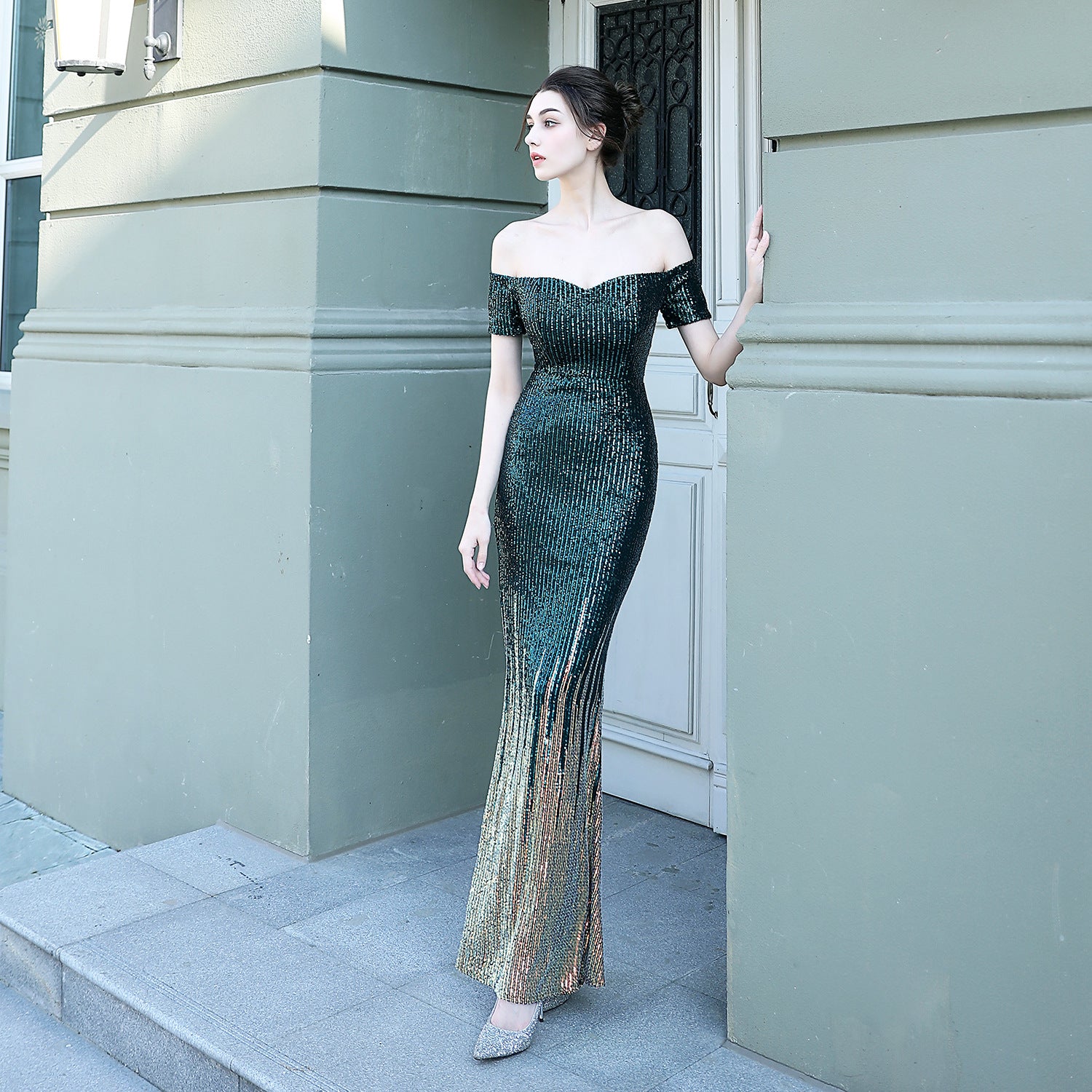 Sexy Off Shoulder Sequin Fishtail Long Dress Mermaid Evening Dress 7