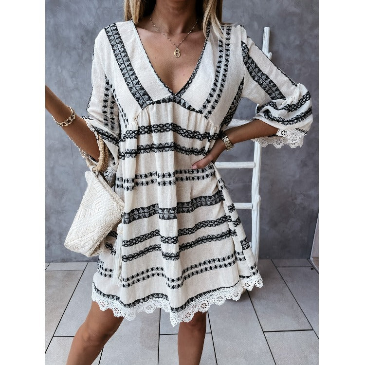 Women clothes summer V Neck lace Patchwork casual dress 4