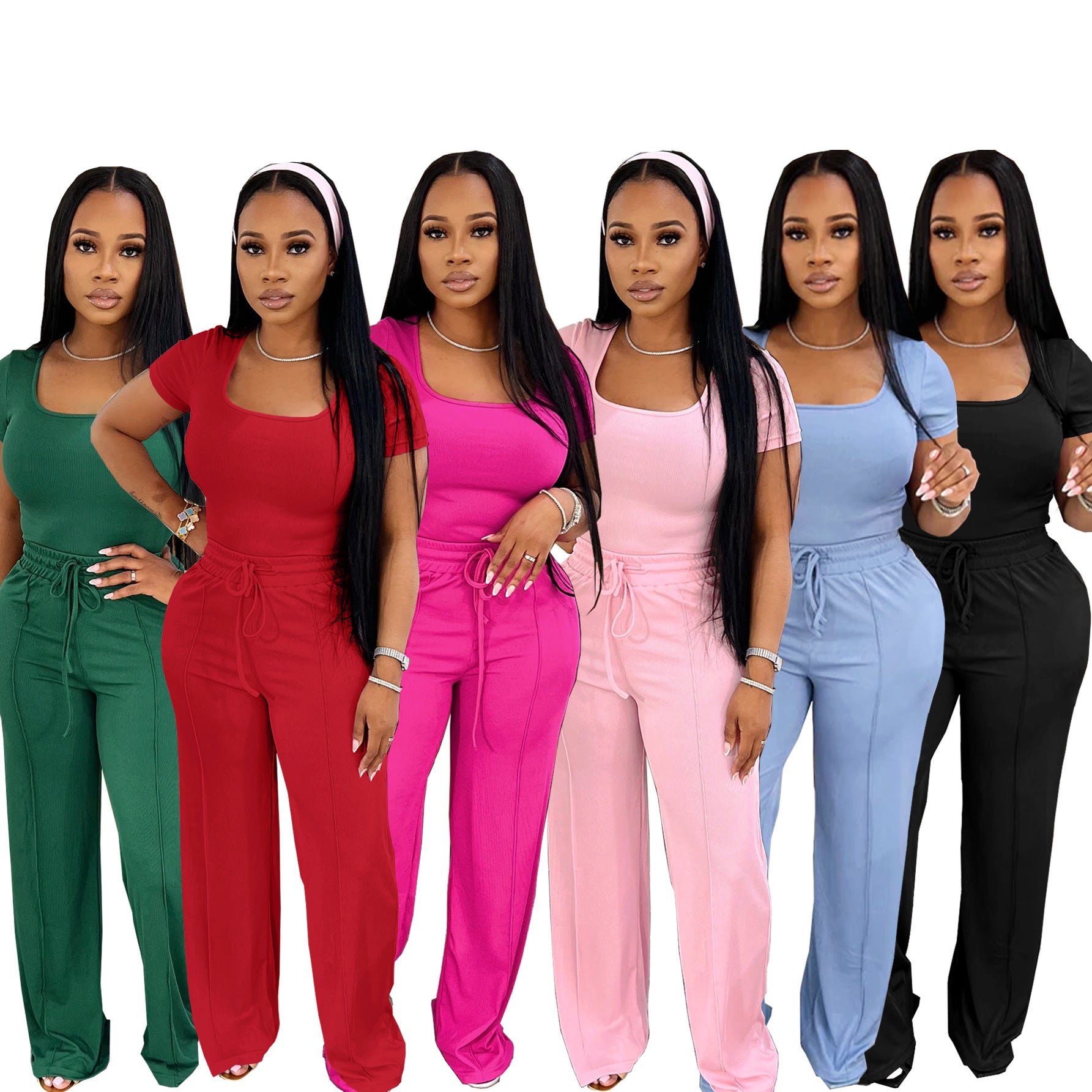 Women's summer Career fashion solid color square neck short sleeve top high waist wide leg Pants Casual Two Piece Set 10