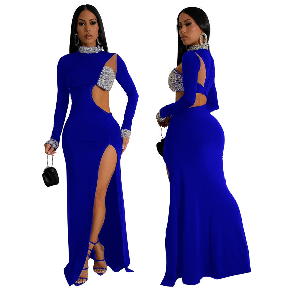 Fashionable Solid Color Beaded Long Sleeve High Slit Evening Dress For Women 3