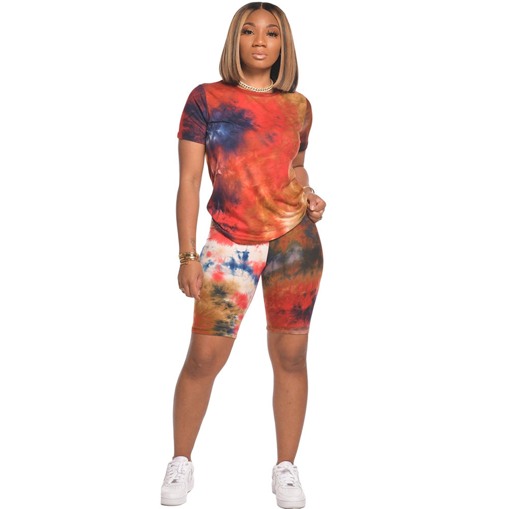 Women Tie-Dye Short Sleeve T-Shirt Shorts Two Piece Set 17